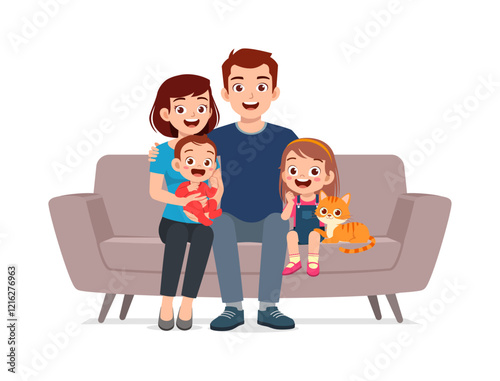 happy family sit on sofa for portrait photograph together
