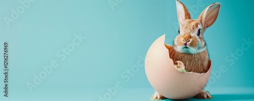 Cute rabbit is nestled in a broken egg against a bright turquoise backdrop photo