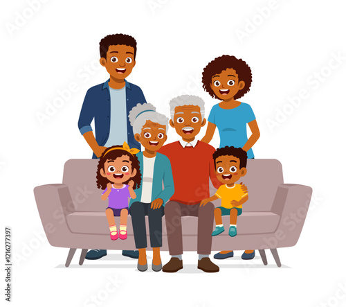 happy family sit on sofa for portrait photograph together