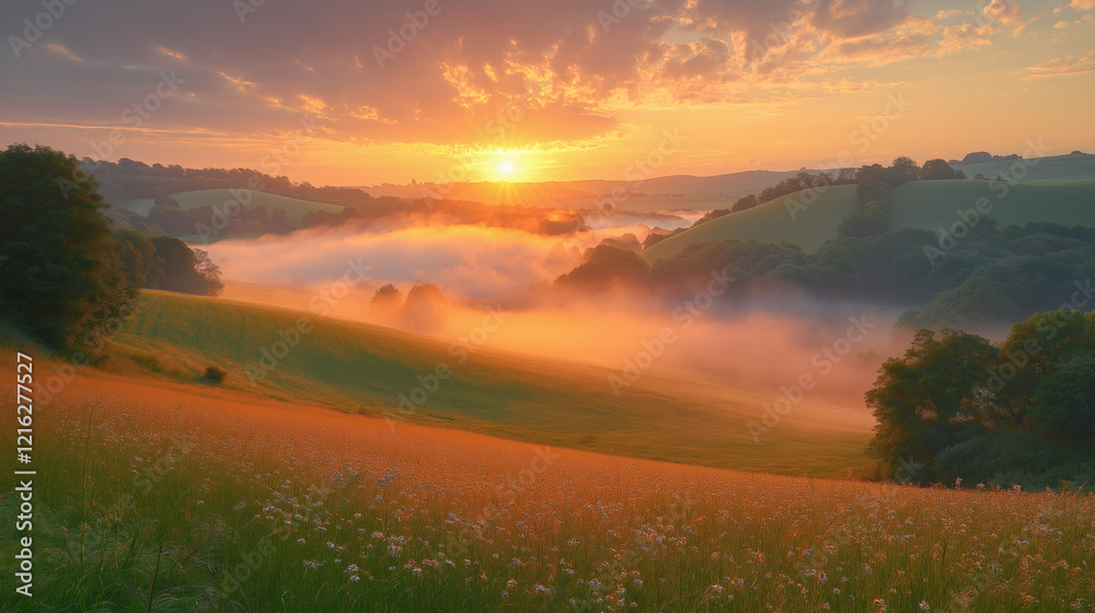 Fototapeta premium Early Morning Mist over Rolling Hills