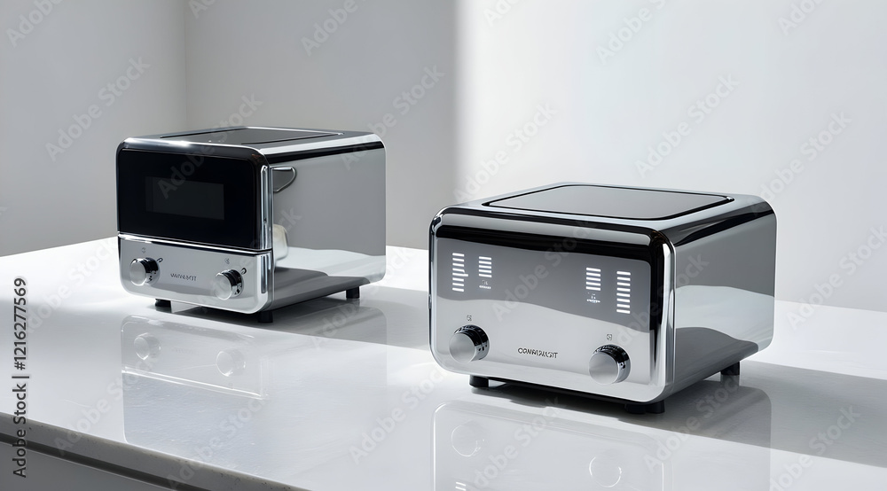 Obraz premium Two sleek, modern chrome toasters on a countertop, showcasing a minimalist design with digital controls and a polished finish.