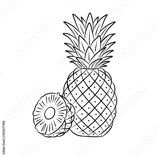 line art vector illustration of pineapple fruit. whole and split fruit. Healthy fruit, vegetarian product.