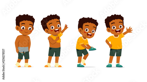 little kid do dressing process wearing clothes