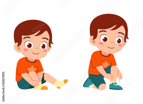 little kid do dressing process wearing shoes