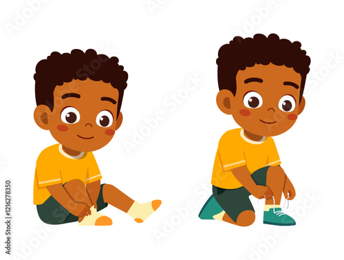 little kid do dressing process wearing shoes