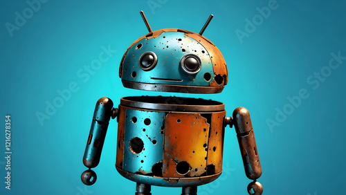 Decayed, rusty robot isolated portrait. Abstract blue background. Abandoned android. 