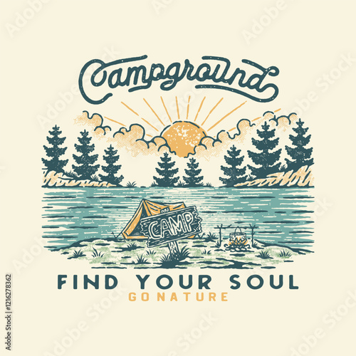 campground illustration lake graphic cooking design sunrise badge camp fire vintage adventure outdoor