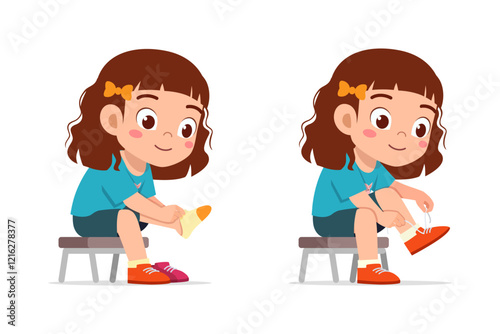 little kid do dressing process wearing shoes