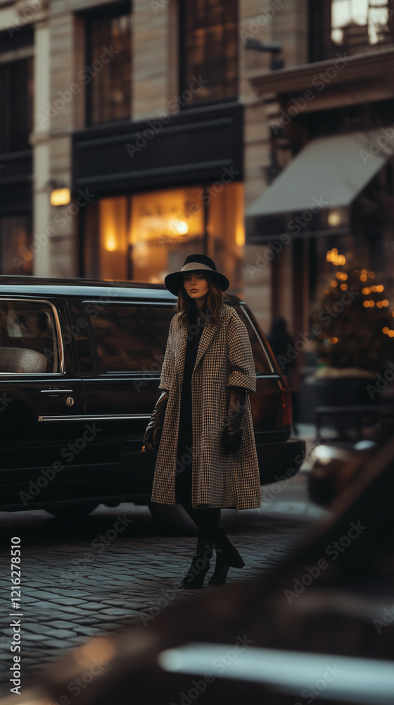 Naklejka premium Elegant woman in a coat, city street.