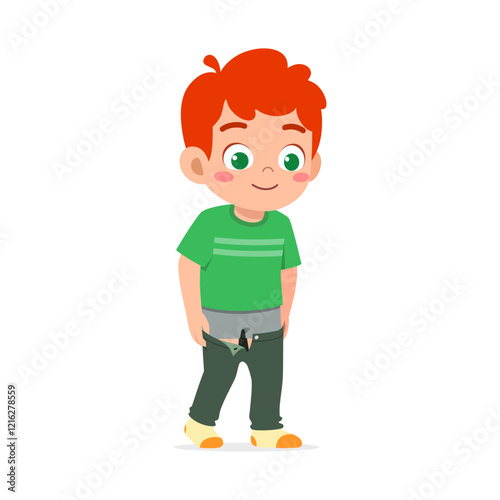 little kid do dressing process wearing jeans trouser