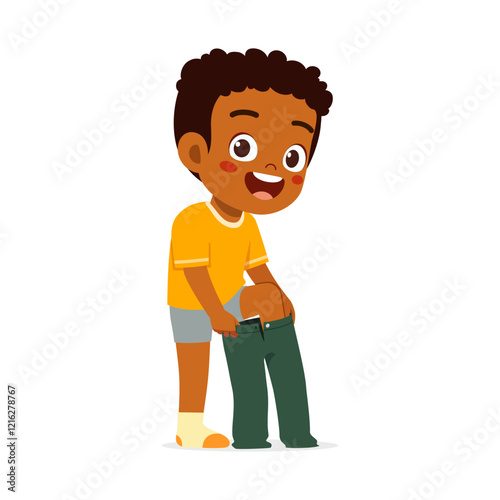 little kid do dressing process wearing jeans trouser