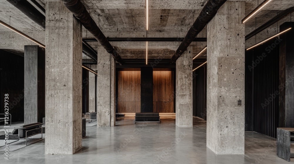 Modern Industrial Interior Design with Concrete Columns and Minimalist Lighting Modern Industrial Interior Design with Concrete Columns and Minimalist Lighting