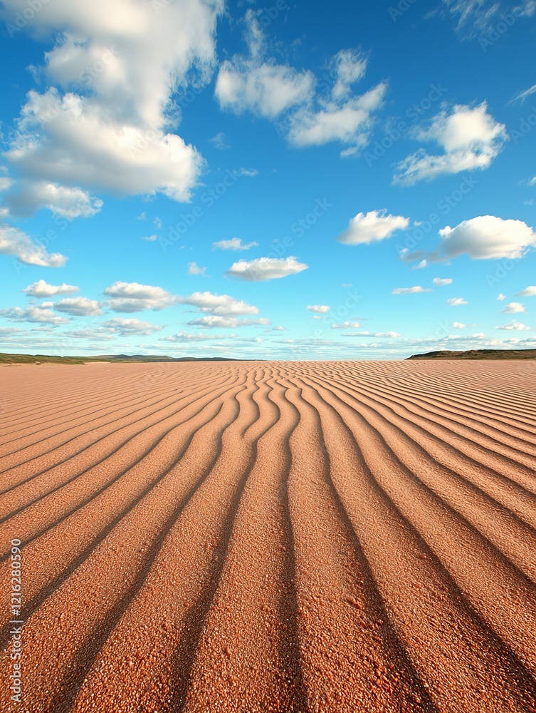 Naklejka premium Vast Desert Landscape with Rippling Sand Under a Blue Sky with Clouds