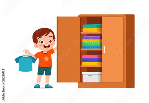 little kid take clothes from big wardrobe