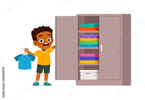 little kid take clothes from big wardrobe