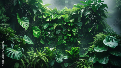 vibrant jungle green plant wall design AI generative