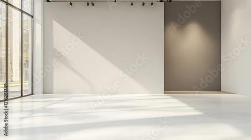Minimalist showroom interior with empty white concrete floor and a neutral gray wall