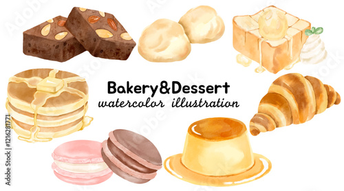 Watercolor Bakery & Dessert Illustration: Featuring Brownies, Cream Puffs, Honey Toast, Pancakes, Macarons, Pudding, and Croissant for Culinary-Themed Projects and Sweet Art Designs