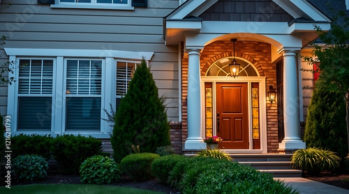 Charming Home Exterior at Dusk: Brick Facade, Columns, and Landscaped Garden photo