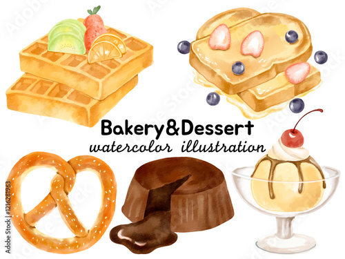 Watercolor Bakery & Dessert Illustration: Featuring Waffles, Strawberry and Blueberry Pancakes, Pretzel, Chocolate Lava Cake, and Ice Cream Sundae for Food-Themed Art and Culinary Designs