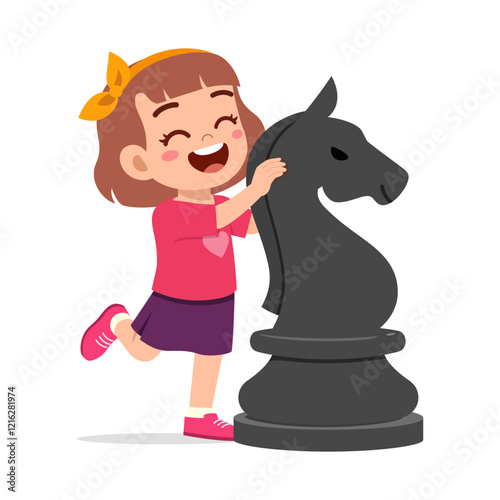 kid standing with giant horse knight chess piece and smile