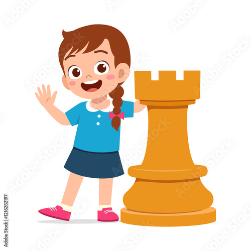 kid standing with giant rook chess piece and smile
