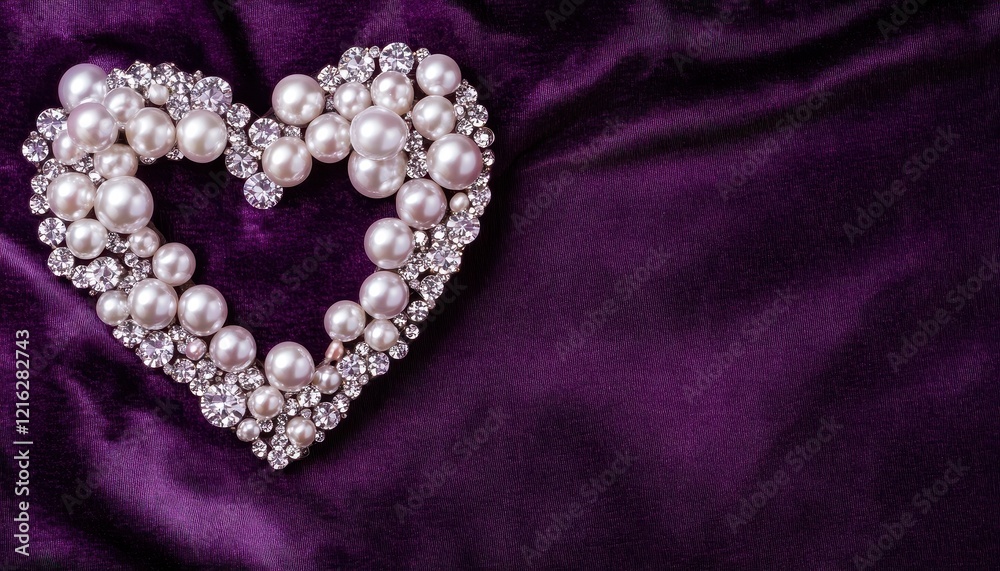 Obraz premium Elegant Pearl and Diamond Heart Brooch on Purple Velvet