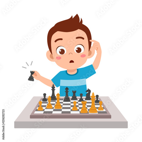 little kid playing chess and thinking hard