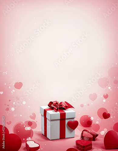 Red gift box with hearts and festive decorations for celebrations and surprises