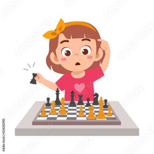 little kid playing chess and thinking hard