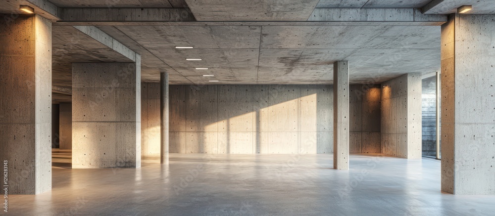 Concrete interior with minimal columns and open space design Concrete interior with minimal columns and open space design