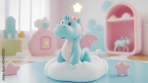 Adorable 3D Rendered Baby Dragon on a Cloud in a Pastel Nursery