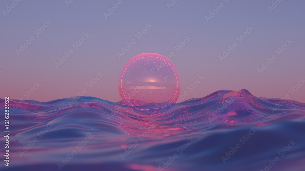 Surreal Pink Sphere Floating Over Vibrant Ocean Waves at Sunset Surreal Pink Sphere Floating Over Vibrant Ocean Waves at Sunset
