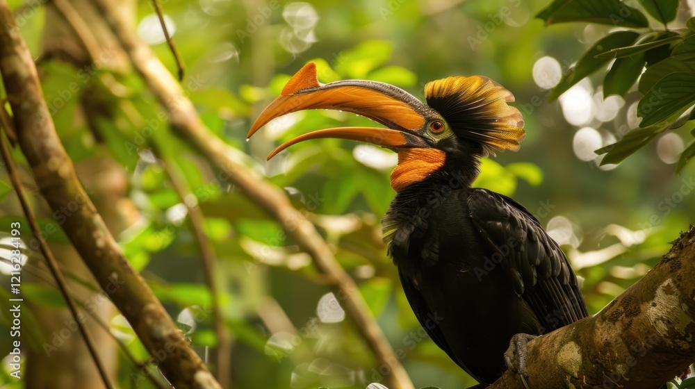 Fototapeta premium Rainforest Hornbill Perched, Jungle Canopy, Wildlife