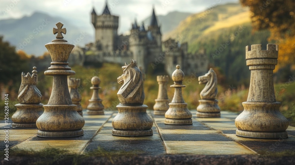 Fototapeta premium A chess game set in a medieval landscape.