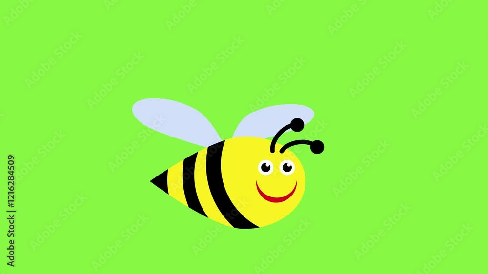 Smiling cartoon bee flying on a chroma key background