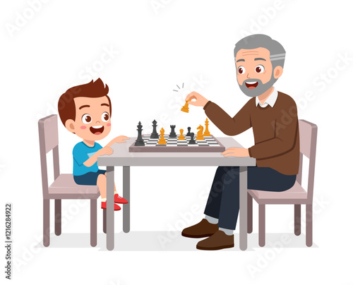 grandfather and kid playing chess