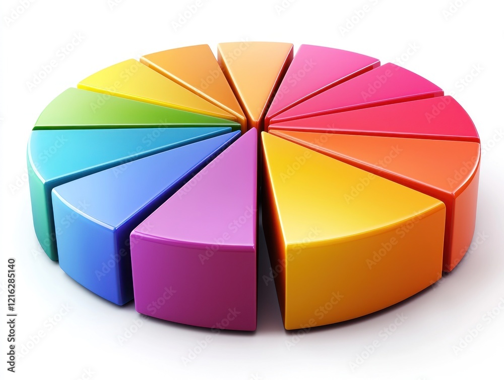 Obraz premium Rainbow pie chart in 3D against white, for data display use.