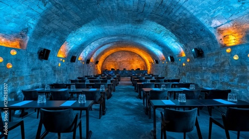 Modern Underground Dining Hall with Blue Ambient Lighting and Arched Stone Ceilings