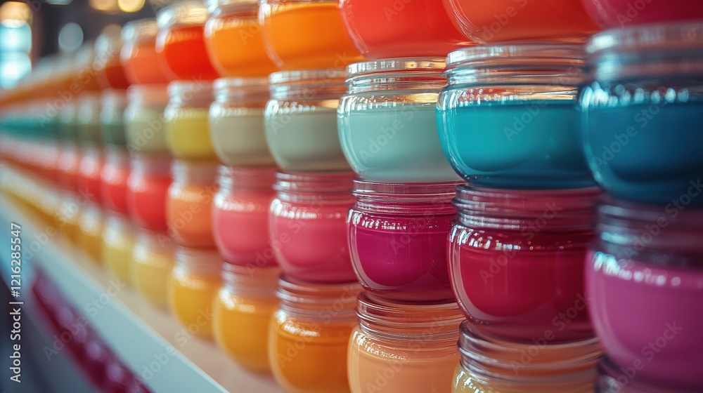 Colorful Arrangement of Candles in Glass Jars on Display Shelf