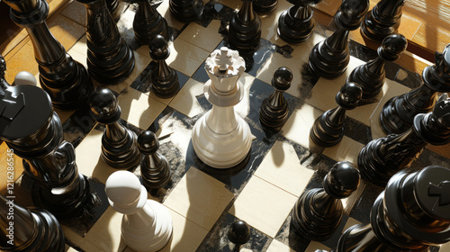 dramatic chess game image featuring white queen surrounded by black pieces on sunlit chessboard with strategic setup and high-resolution close-up photography for vintage enthusiasts