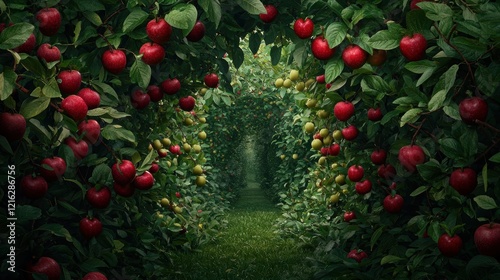 Lush Apple Orchard Tunnel Pathway Through Red and Green Fruit Trees photo