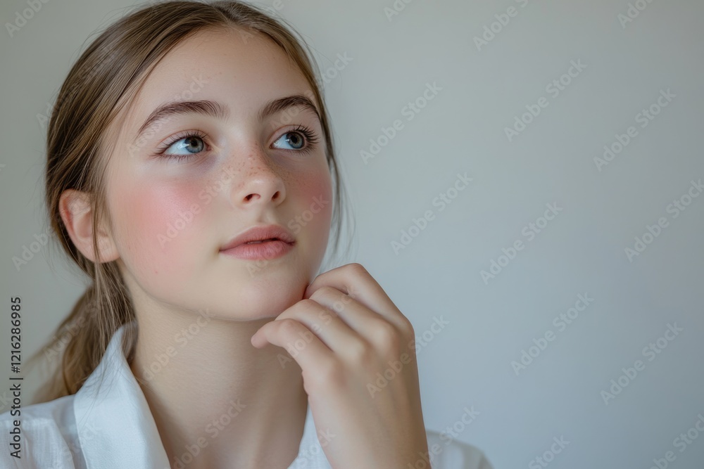 A young woman with freckles and light makeup looks thoughtfully to her side, hand gently resting on her chin. A young woman with freckles and light makeup looks thoughtfully to her side, hand gently resting on her chin.
