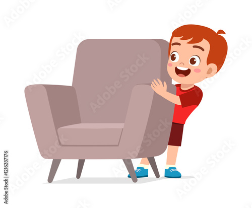 little kid play hide and seek and hiding behind chair
