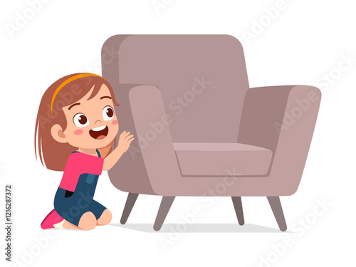 little kid play hide and seek and hiding behind chair