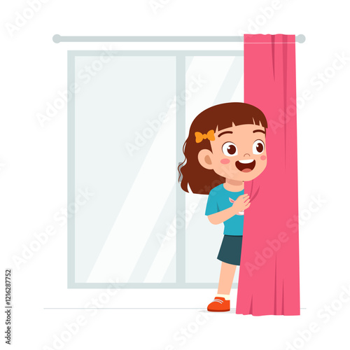 little kid play hide and seek and hiding behind curtain