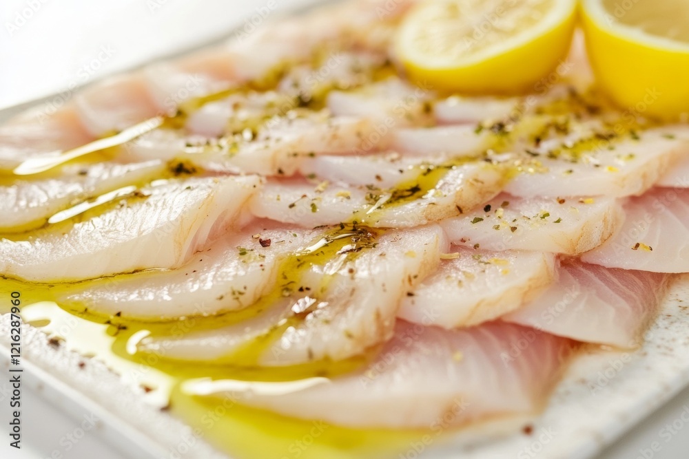 Thin slices of raw fish create a vibrant carpaccio dish, enhanced with a drizzle of olive oil and zesty lemon. Perfect for a light meal or appetizer, this dish showcases fresh flavors Thin slices of raw fish create a vibrant carpaccio dish, enhanced with a drizzle of olive oil and zesty lemon. Perfect for a light meal or appetizer, this dish showcases fresh flavors
