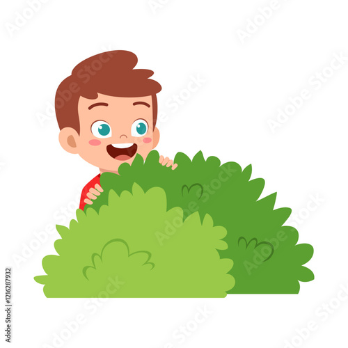little kid play hide and seek and hiding inside bush