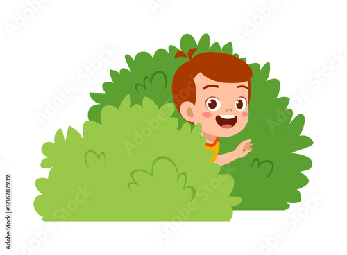 little kid play hide and seek and hiding inside bush