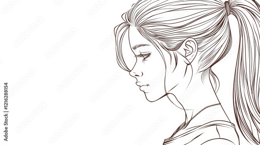 A simple line drawing of an elegant woman with her hair in a ponytail, seen from the side and looking slightly down to one side A simple line drawing of an elegant woman with her hair in a ponytail, seen from the side and looking slightly down to one side